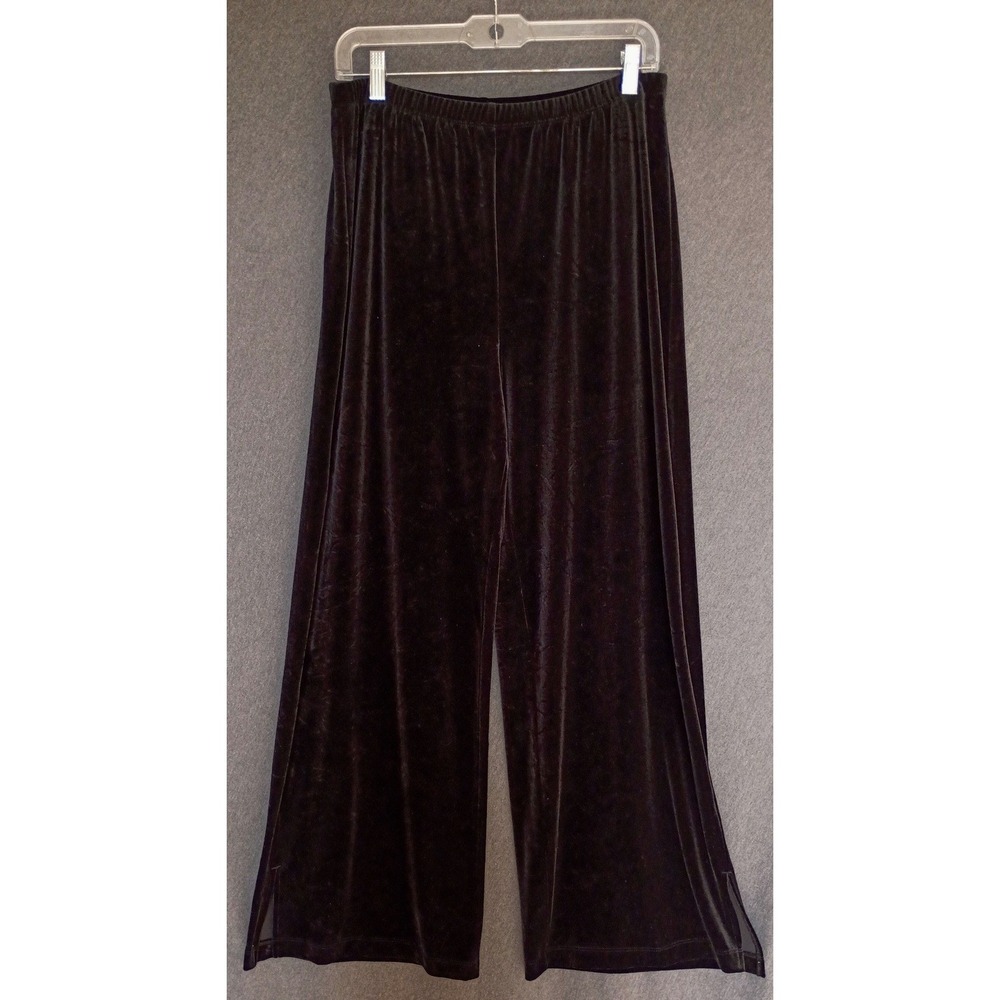 Chicos Velvet Wide Leg Pants L Black Elastic Waist Side Slit Pull On Trousers‎